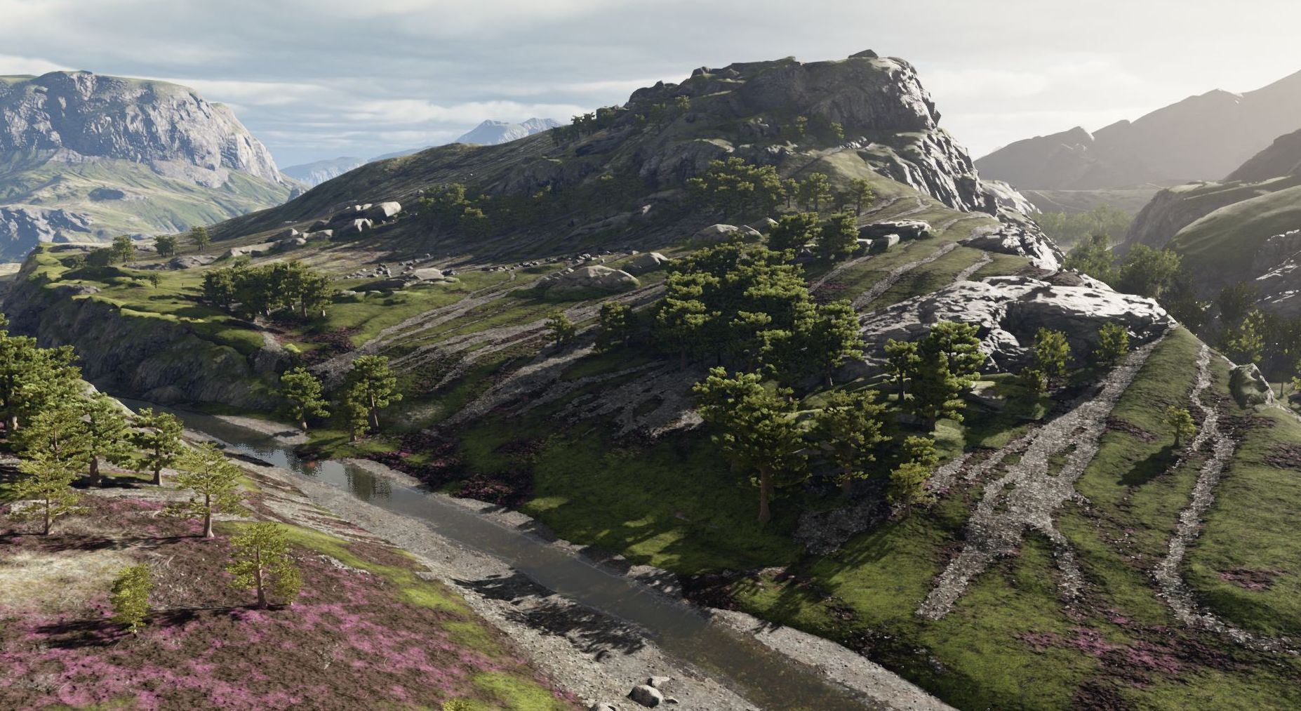 A foliage scene with CSM covering up to 100 meters, and Ray Traced Distance Field shadows covering up to 1.2 kilometers.